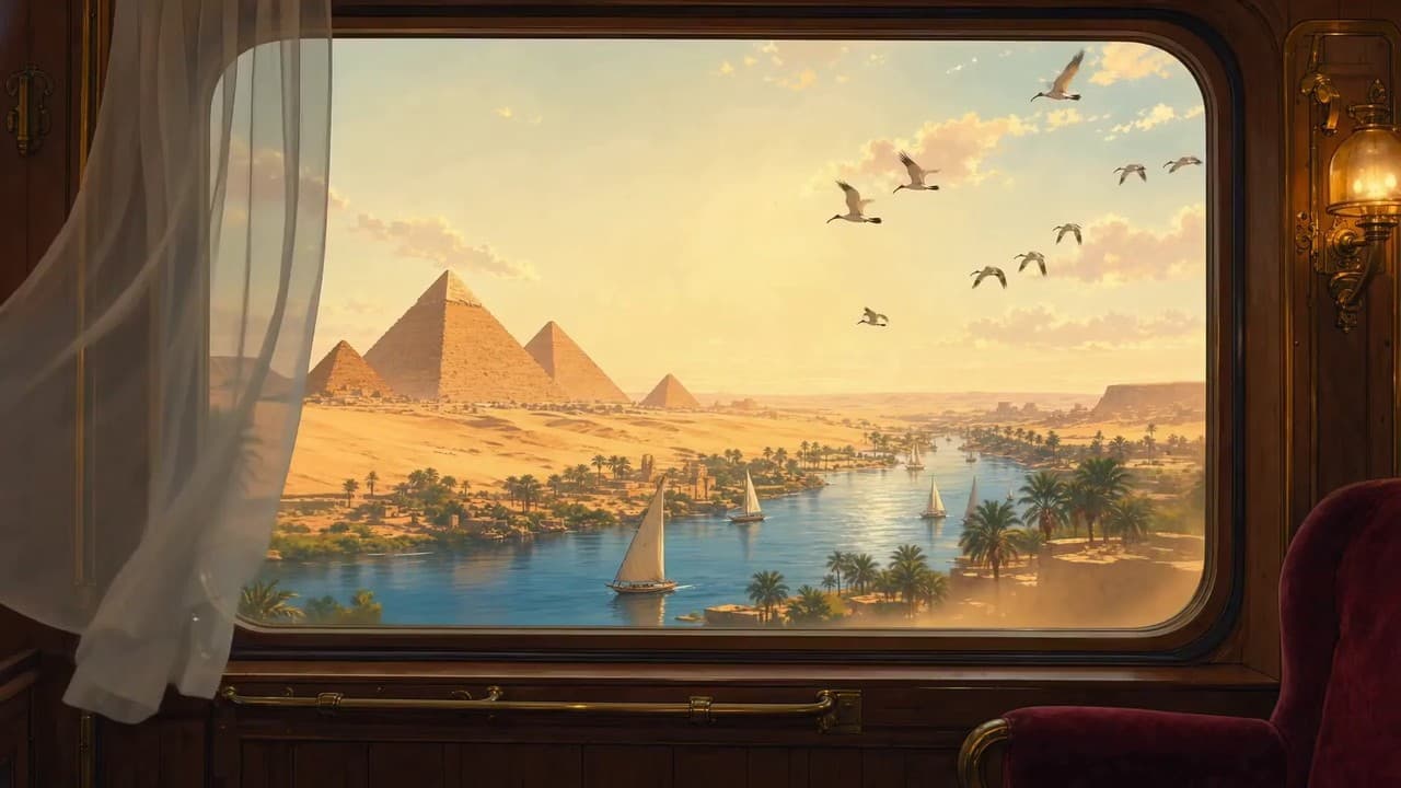 A luxurious train window view of pyramids and river at sunset — the immersive worlds waiting inside Yam Studios