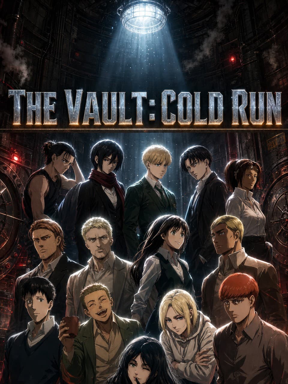 Vault Heist — an anime ensemble cast in a dramatic spotlight scene